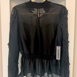 NWT black high neck top with lace sleeve detail